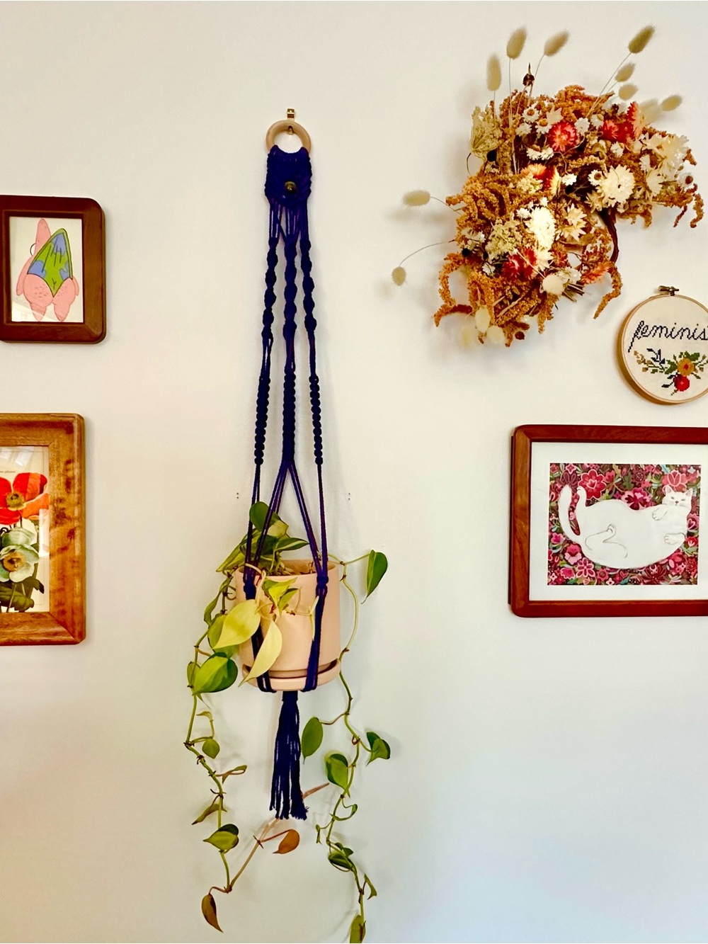 Handmade Royal Purple Macramé Plant Hanger with Glass Bead - Home Decor